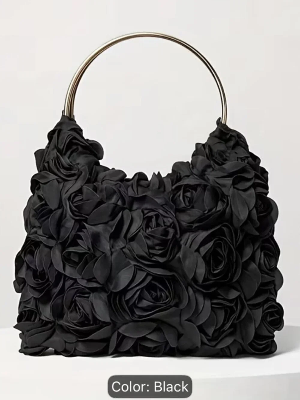 Woman's Elegant Dinner Clutch Rose flora lace trim (BLACK)